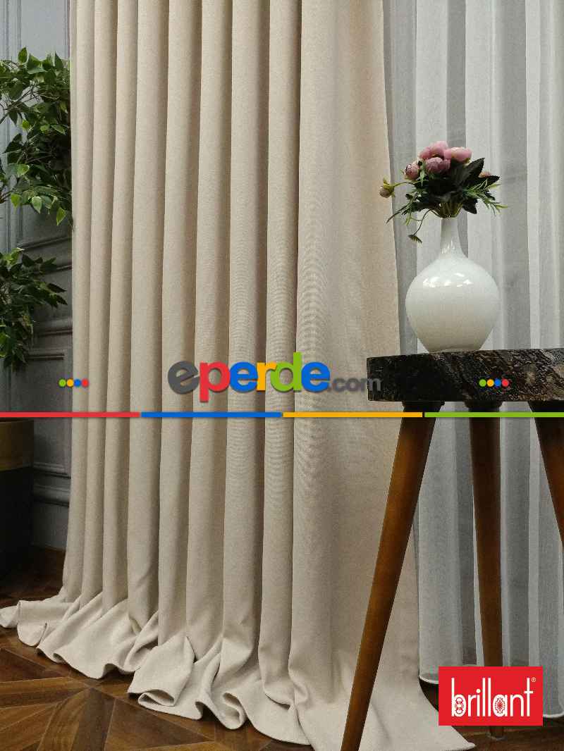 Brillant Keten Krem Açık Renk Düz Fon Perde - Krem Açık