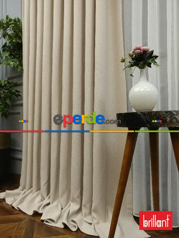 Yatak Odası - Brillant Keten Krem Açık Renk Düz Fon Perde - Krem Açık