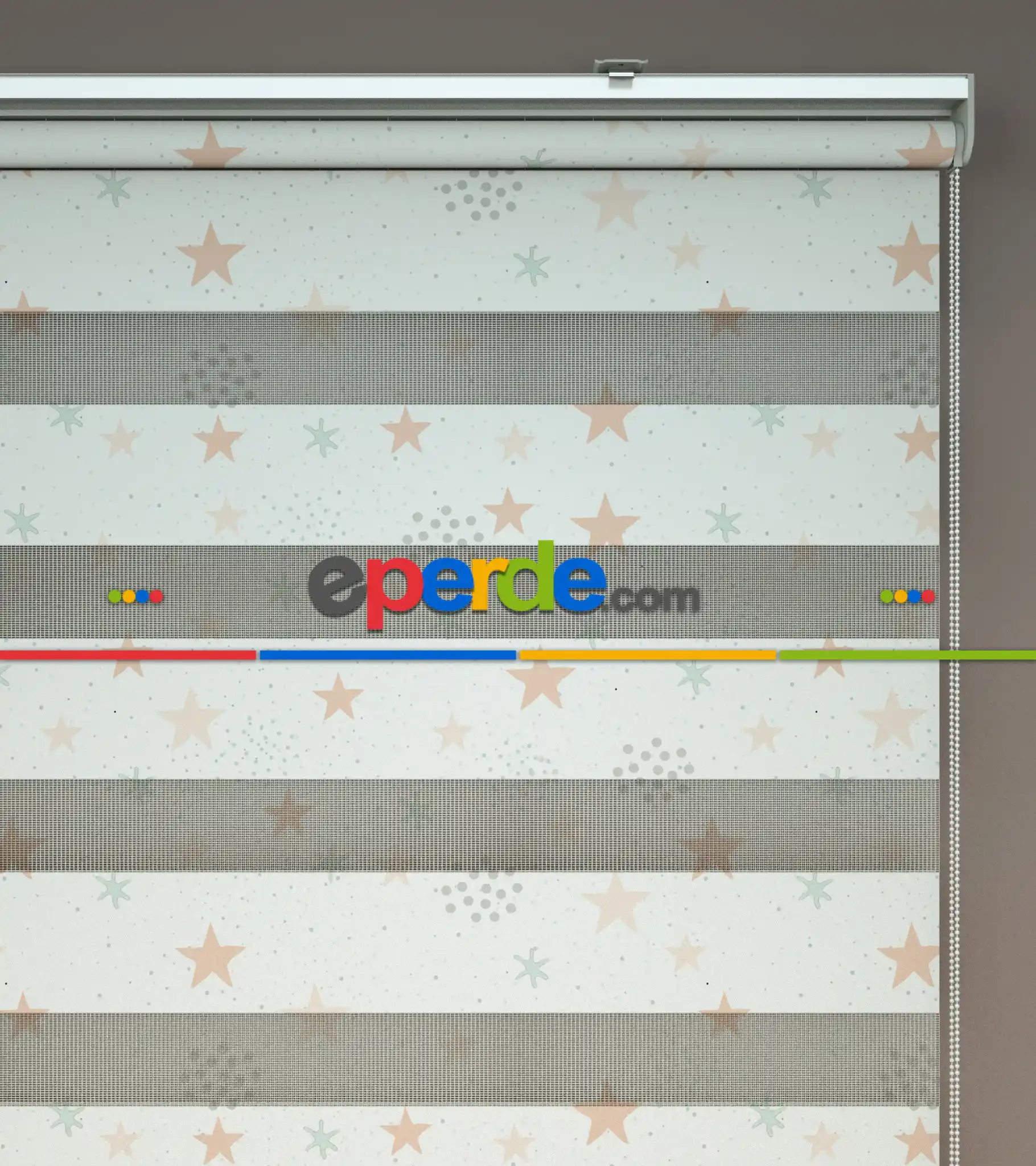 Yavruağzı Ve Su Yeşili Yıldız Desenli Baskılı Zebra Perde