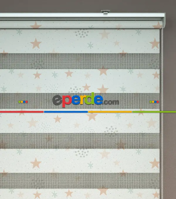 Yavruağzı Ve Su Yeşili Yıldız Desenli Baskılı Zebra Perde