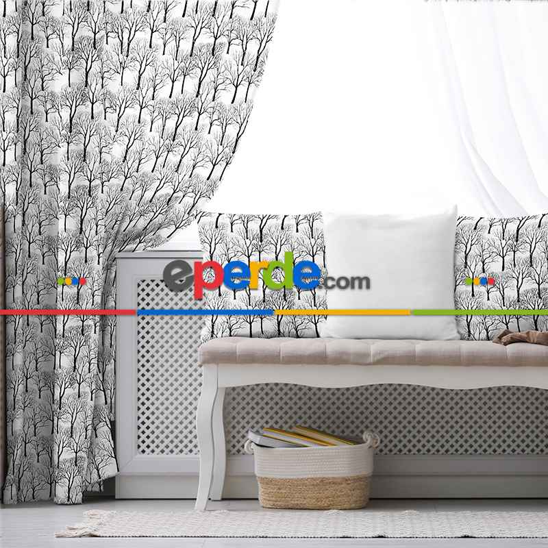 Ağaç Desenli Fon Perde Evim718 Kumaşı Kalındır Duck Bezi Değildir- Mavi-beyaz