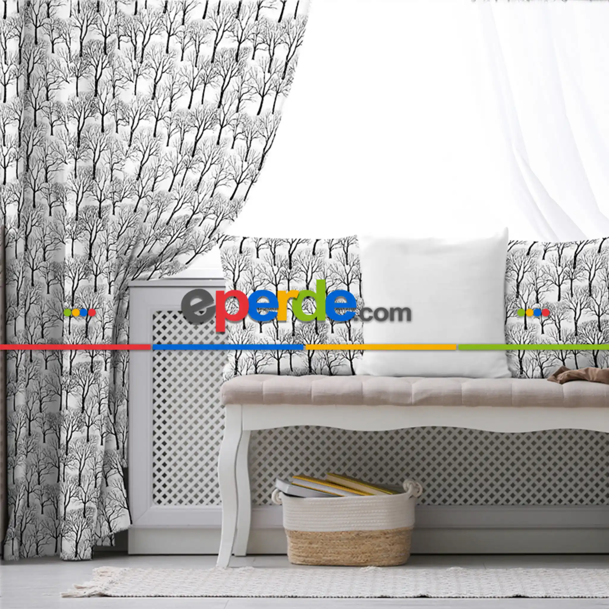 Ağaç Desenli Fon Perde Evim718 Kumaşı Kalındır Duck Bezi Değildir- Mavi-beyaz