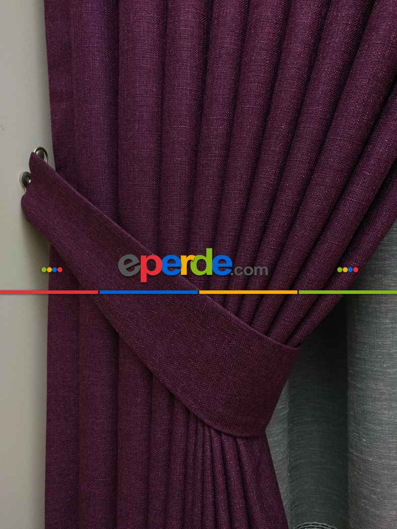 Keten Mor Düz Fon Perde- Mor