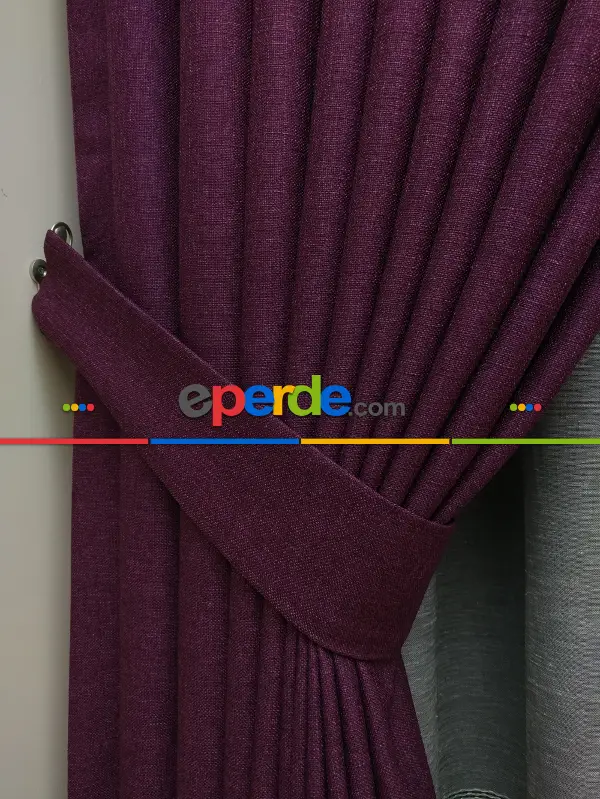 Yatak Odası - Keten Mor Düz Fon Perde- Mor