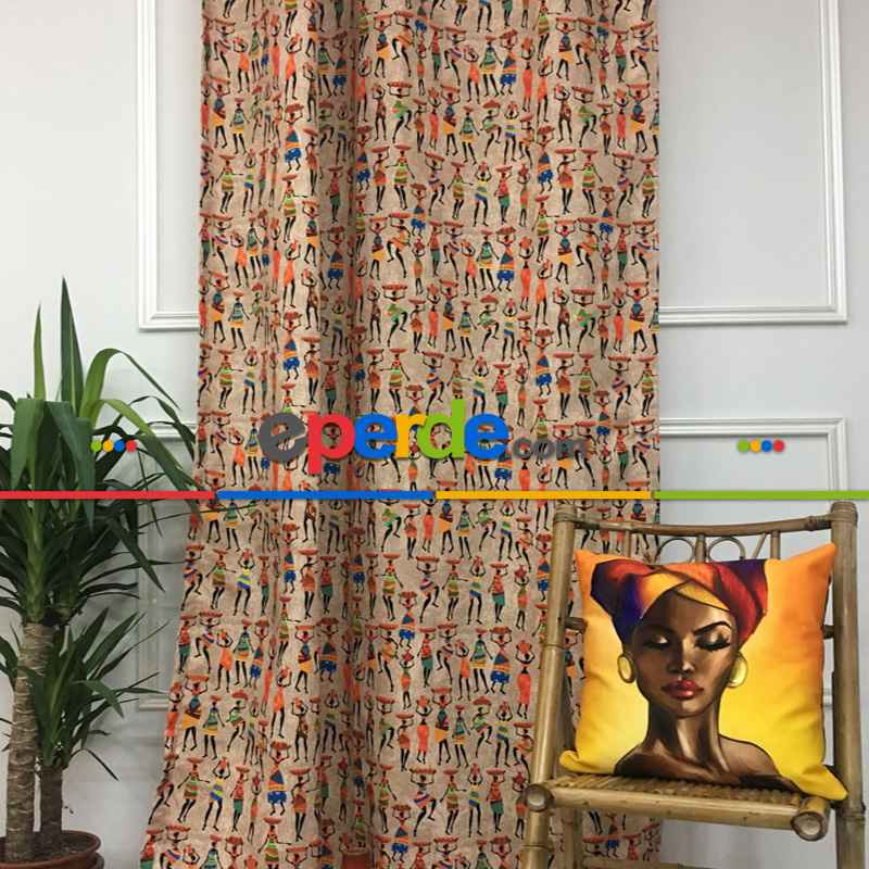 Etnik Desenli Fon Perde K632 E - Kumaşı Kalındır Duck Bezi Değildir.- Kahve-Çok Renkli
