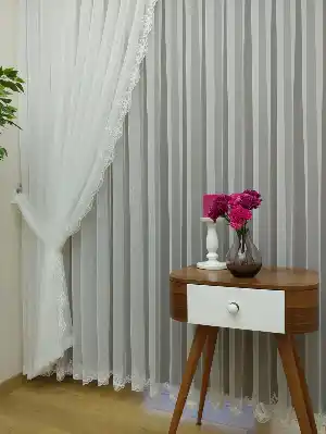 Fansız Dantel Fon Perde Etek Ucu Kortlu Nakış (güpür ) İşlemeli - 3 İçindeki Tül Kodu #22169- Ekru