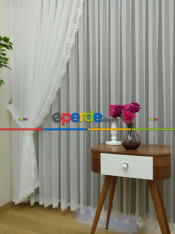 Fansız Dantel Fon Perde Etek Ucu Kortlu Nakış (güpür ) İşlemeli - 3 İçindeki Tül Kodu #22169- Ekru