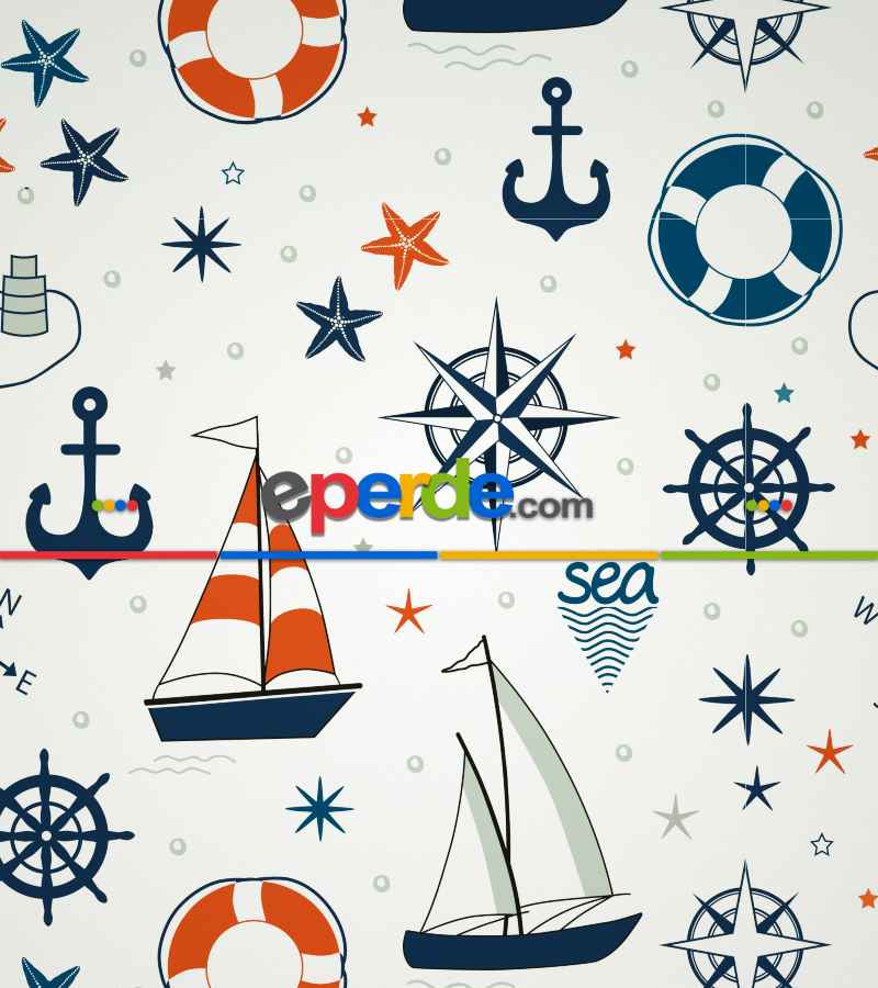 Denizci Desenli Baskılı Stor Perde- Lacivert-kırmızı-ekru