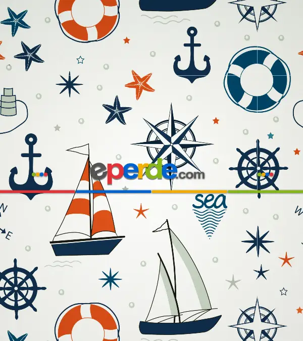Bebek Odası Stor Perde - Denizci Desenli Baskılı Stor Perde- Lacivert-Kırmızı-Ekru