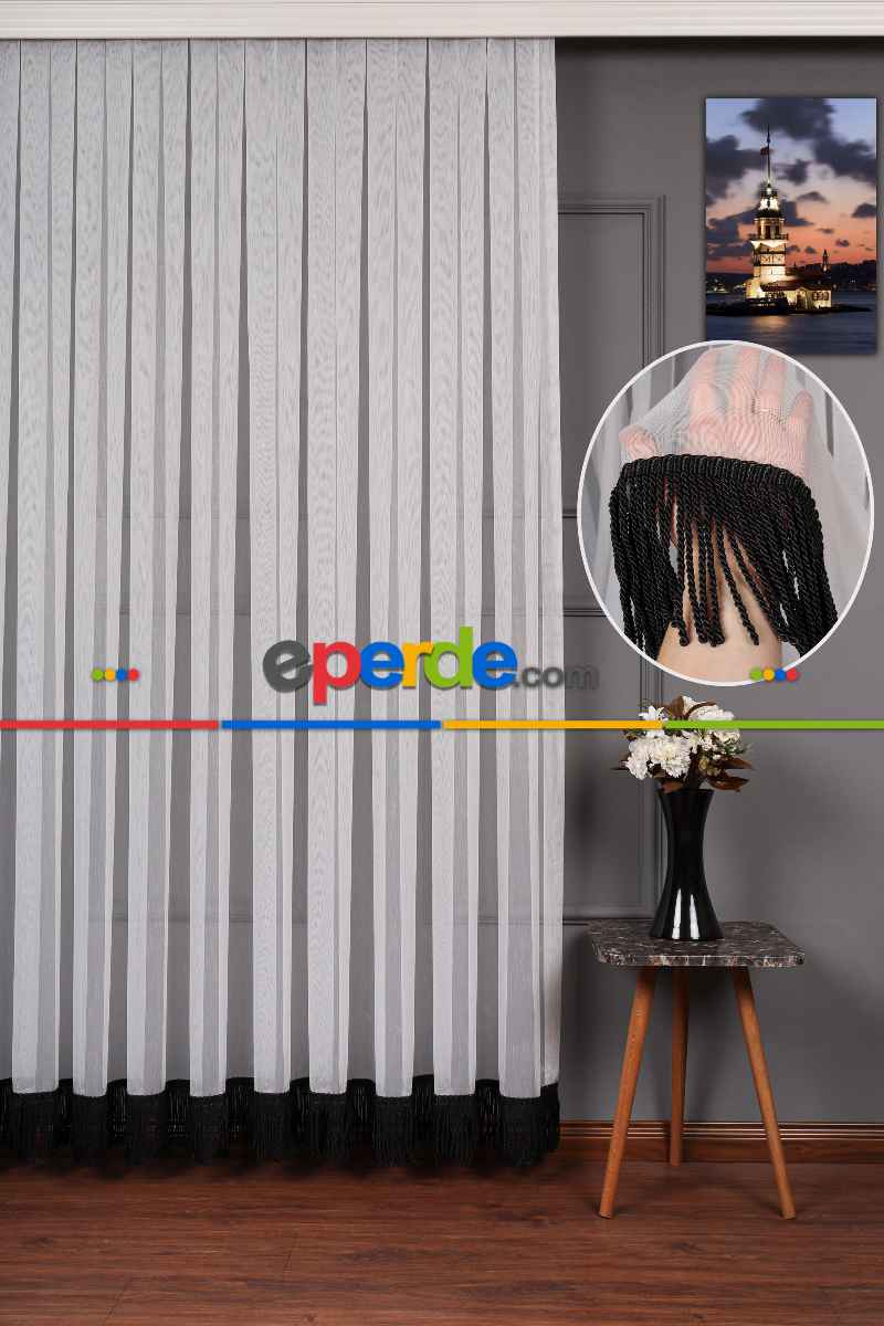 Yeni Trend Eteği Siyah Saçaklı Keten Tül Perde