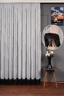 Yeni Trend Eteği Siyah Saçaklı Keten Tül Perde