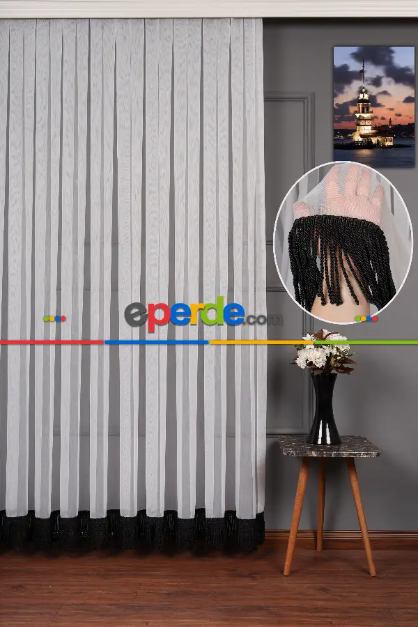 Yeni Trend Eteği Siyah Saçaklı Keten Tül Perde