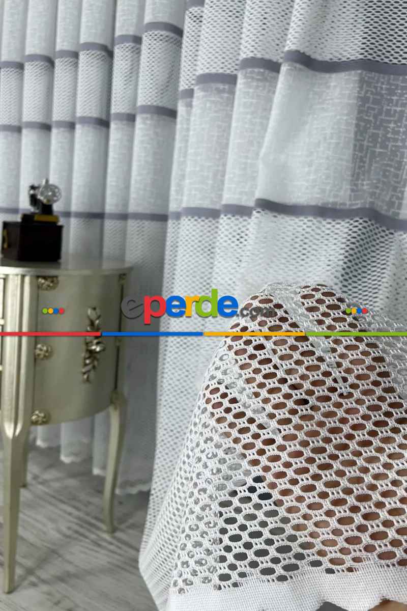 Salon - Aplik Jakar Eteği Bordürlü Tül Perde Tek Kanat - Ekru/gri