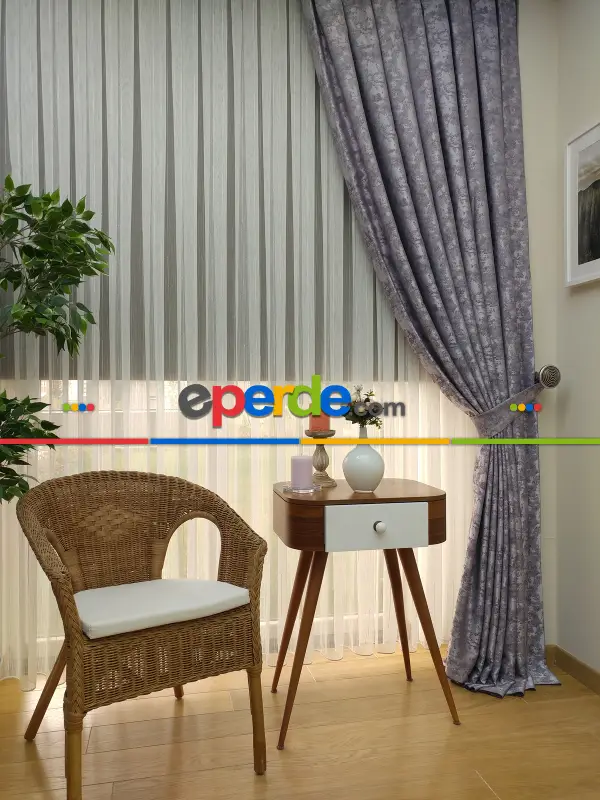 Patinedesenli Lila Koyu Renk Jakar Desenli Fon Perde- Lila Koyu Lila