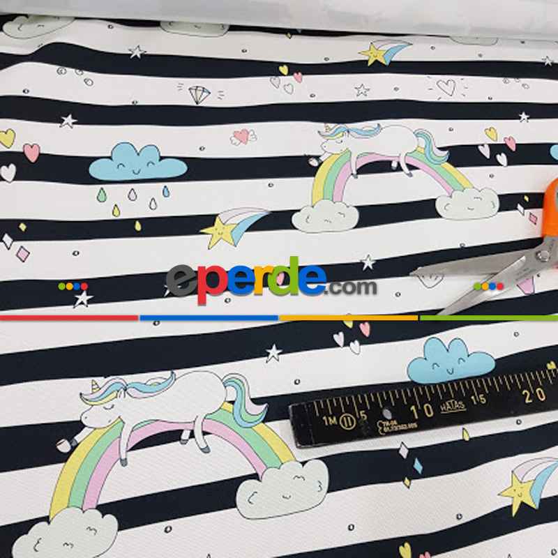Siyah Beyaz Unicorn Desenli Fon Perde Evm579 Kumaşı Kalındır Duck Bezi Değildir- Siyah-Mavi-Beyaz-Pembe