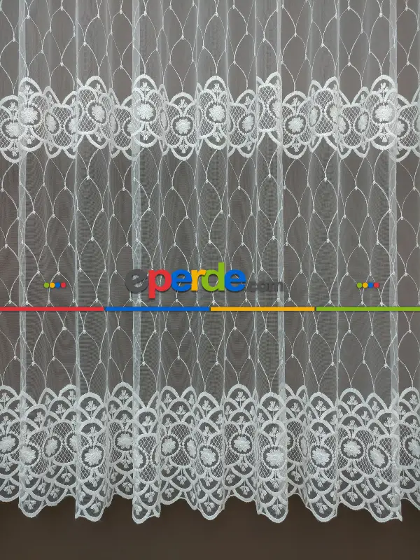 Brode İşlemeli Nakışlı Tül Perde (280)- Ekru