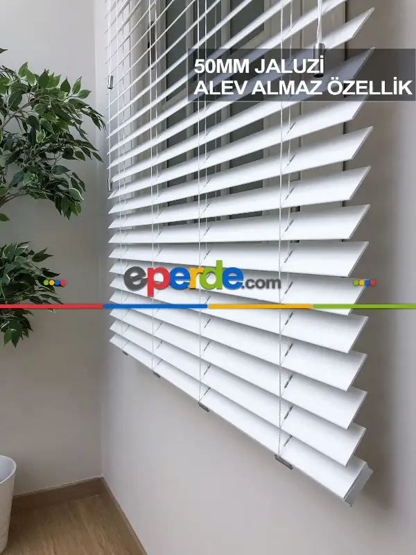 50mm Beyaz Ahşap Efektli Jaluzi Perde Alev Almaz Özellik- Beyaz