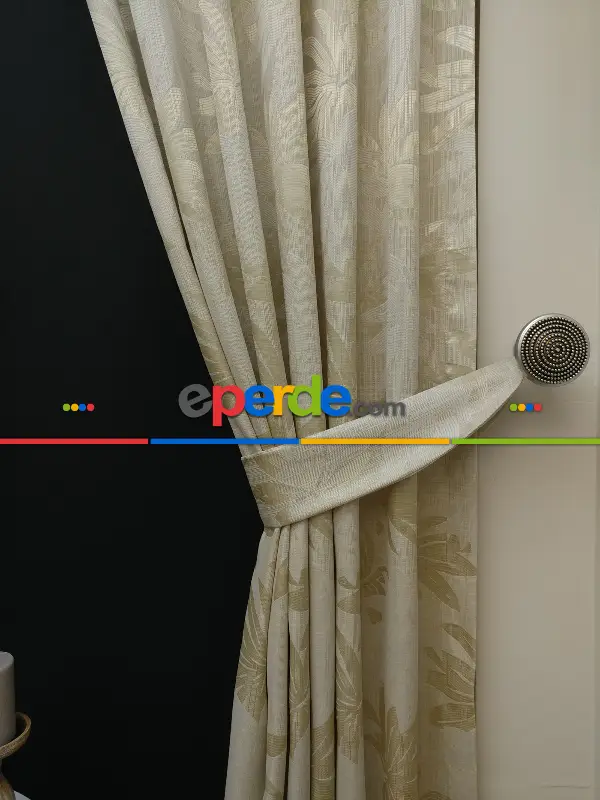 Krem Yaprak Desenli Jakar Fon Perde- Krem
