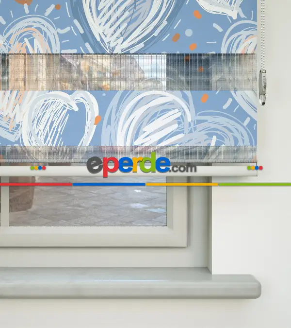 Çocuk Odası Zebra - Kalp Desenli Baskılı Zebra Perde- Çok Renkli