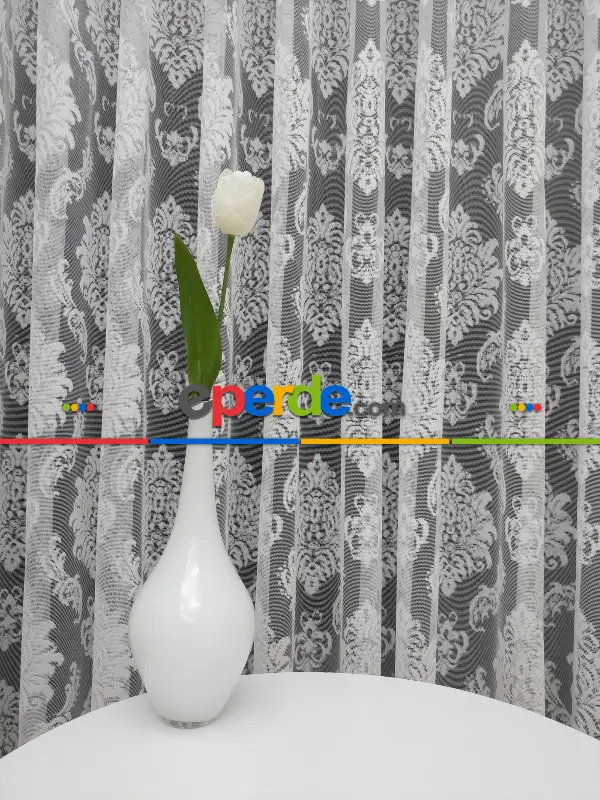 Salon Damask Desenli Örme Kdk Tül Perde %30 Ekstra İndirimli- Ekru