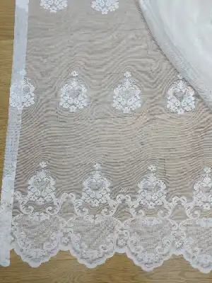( Orjinal ) Taç Damask Desen Salon Fransız Dantel Tül Perde & Kruvaze Perde- Ekru