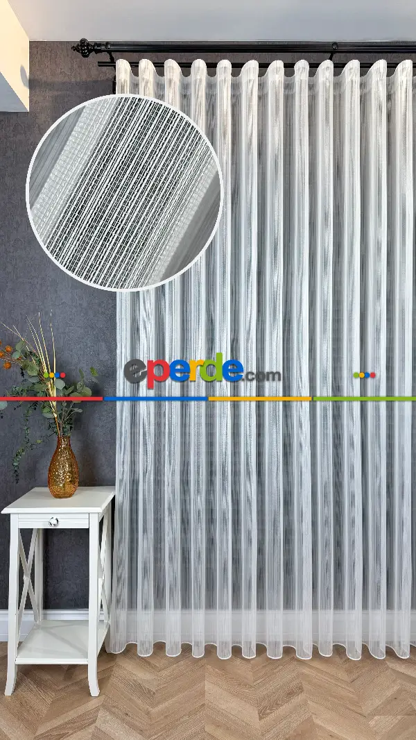 Vakko Simli Zincir Çizgili Tül Perde, Premium Seri Ağır Gramajlı