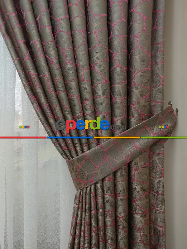 Bej Fuşya Desenli Jakar Fon Perde (285 En)- Fuşya