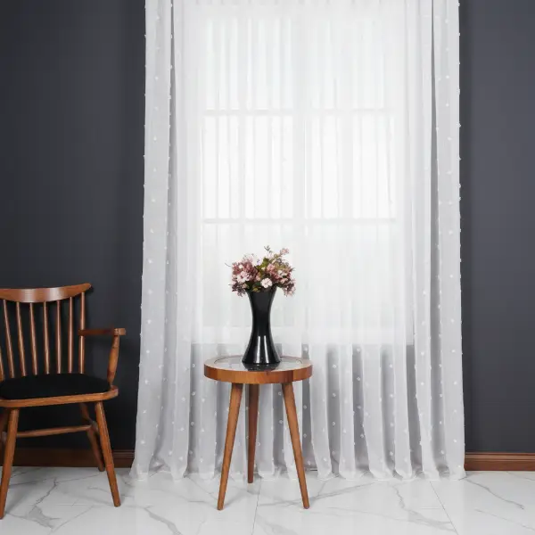 Ponpon Desenli Keten Düz Tül Perde Gramajlı