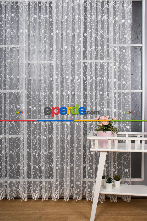 Bahar Dalı Brode Işlemeli Tül Perde - Çiçek Desenli