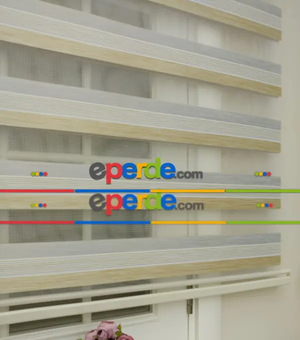 Salon - Elit Gri Krem Çizgili Bambu Zebra Perde