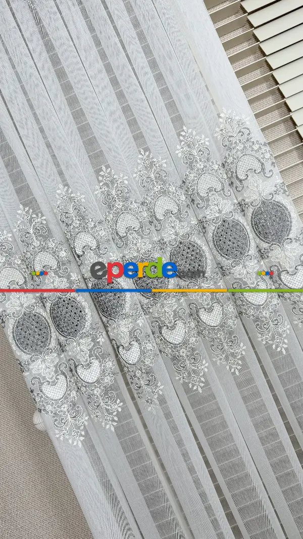 Ekru Gri Özel Dokuma, Özel İplik Brode İşlemeli Tül Perde - Ağır Gramajlı Premium Nakışlı