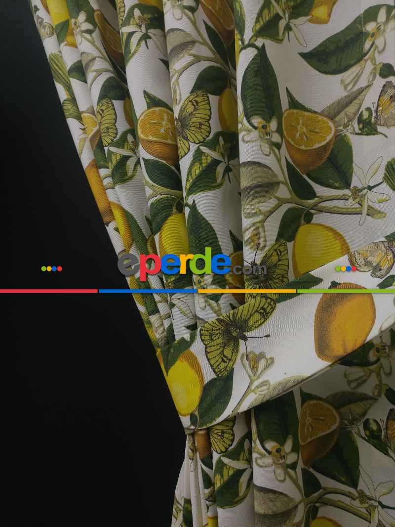 Limon Desenli Fon Perde (leke Tutmaz)- Yeşil-sarı