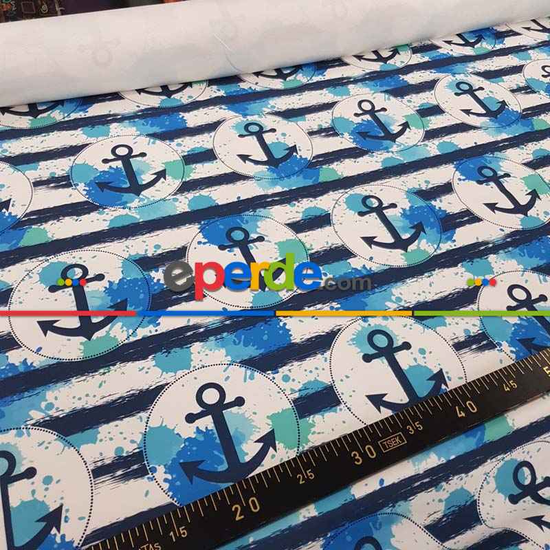 Çapa Marine Desenli Fon Perde Evm654 Kumaşı Kalındır Duck Bezi Değildir- Lacivert