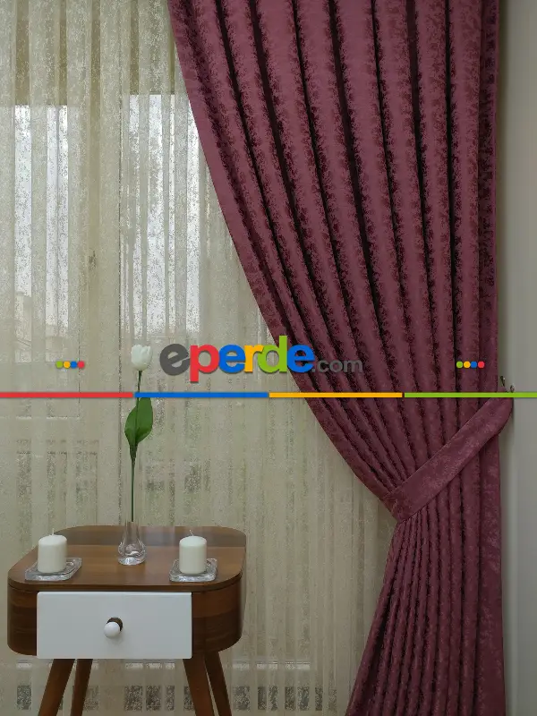 Koyu Gül Rengi Rengi Kendinden Desenli Jakar Fon Perde (285 En)- Gül Kurusu