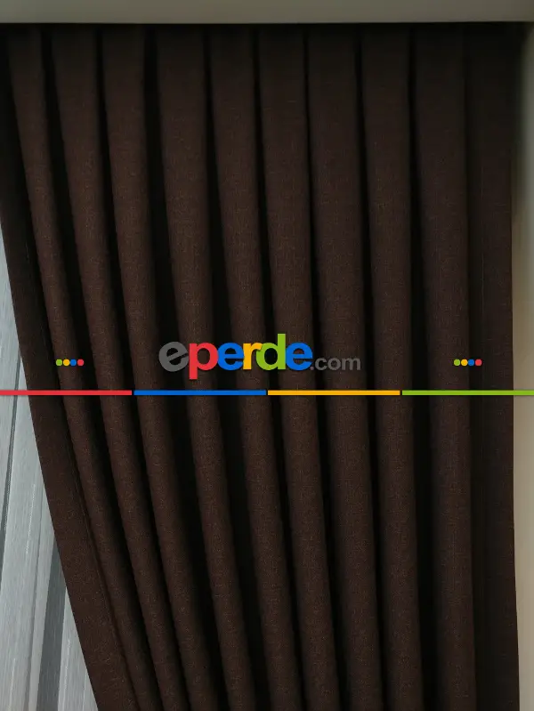 Yatak Odası - Keten Koyu Kahve Renk Düz Fon Perde- Kahve Koyu