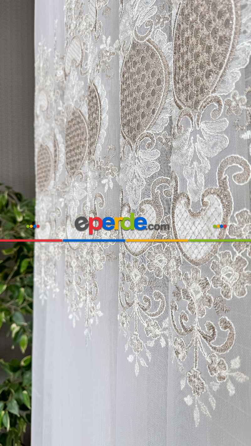 Ekru Bej Özel Dokuma, Özel İplik Brode İşlemeli Tül Perde - Ağır Gramajlı Premium Nakışlı