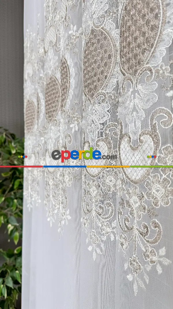Ekru Bej Özel Dokuma, Özel İplik Brode İşlemeli Tül Perde - Ağır Gramajlı Premium Nakışlı