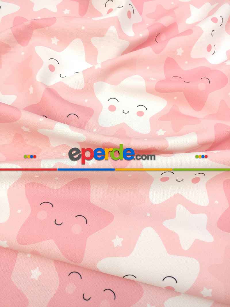 Bebek Odası Fon - Gülen Yıldızlar Fon Perde Modelleri- Pembe Açık