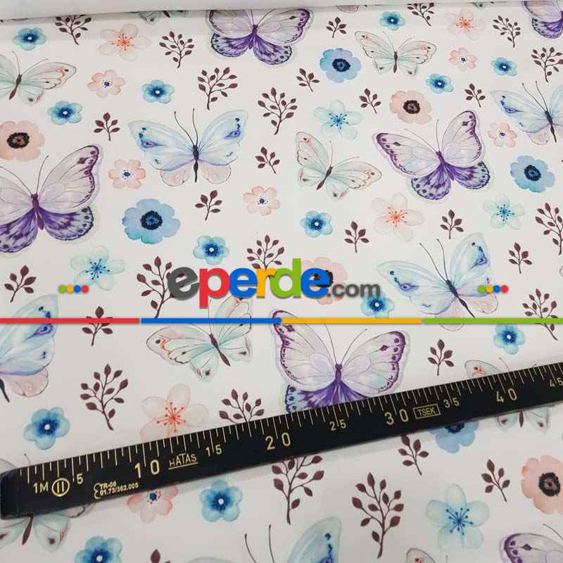 Kelebek Ve Çiçek Desenli Fon Perde Evm815 Kumaşı Kalındır Duck Bezi Değildir- Beyaz