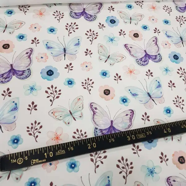 Kelebek Ve Çiçek Desenli Fon Perde Evm815 Kumaşı Kalındır Duck Bezi Değildir- Beyaz