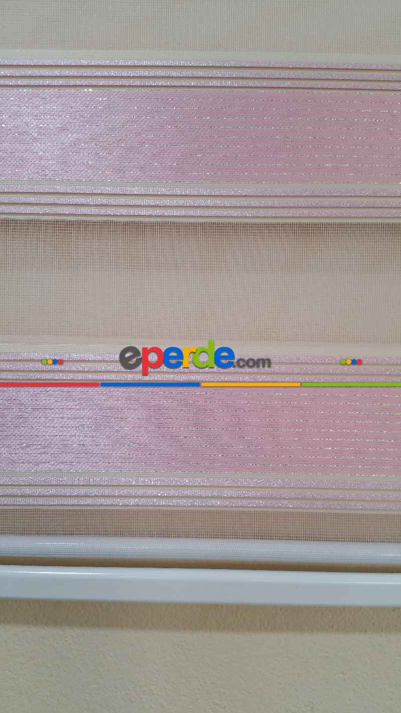 Mutfak - Pembe Plise Simli Zebra Perde- Pembe-gri Simli-ekru