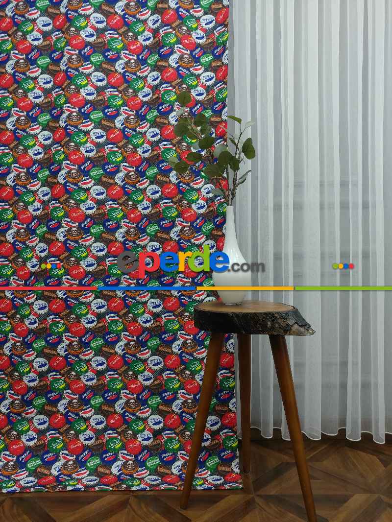 Pop-art Desenli Fon Perde Evm435 -p - Kumaşı Kalındır Duck Bezi Değildir.- Mavi-Kahve-Çok Renkli