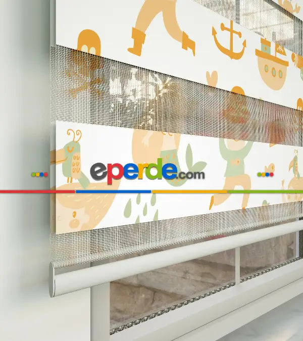 Korsan Baskılı Zebra Perde- Sarı-beyaz-yeşil Sarı Turuncu