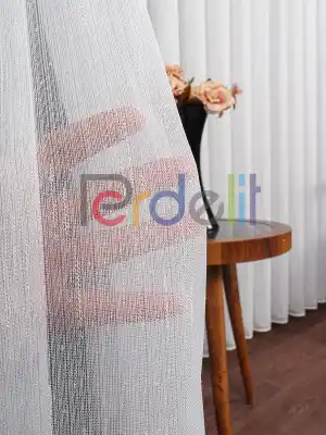Bambu Zemin Noktalı Ve Çizgili Simli Düz Tül Perde Gramajlı