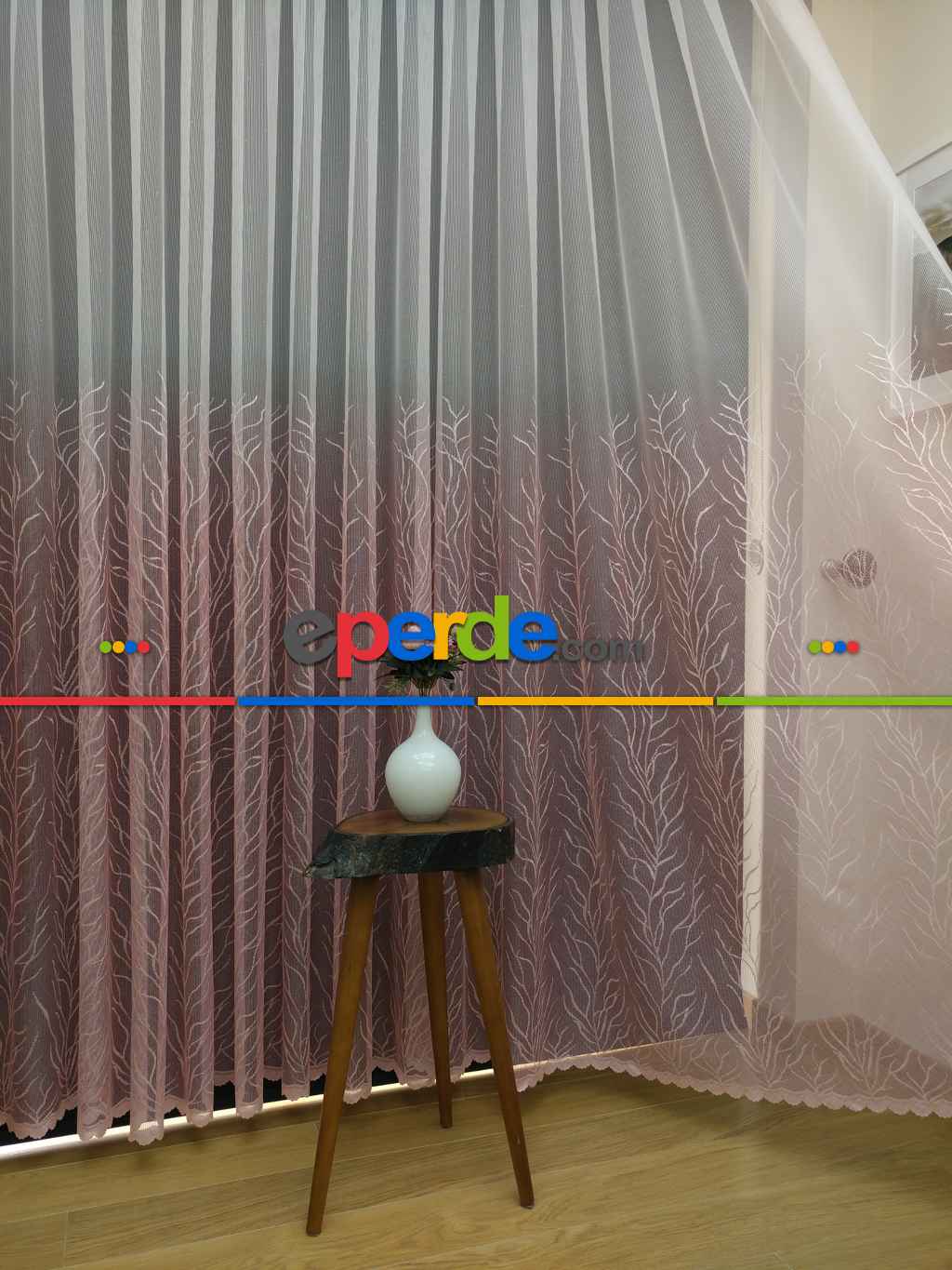 Konak Özel Seri Pembe Renk Degrade Geçişli Örme Tül Perde- Pembe Pudra Pembe-pudra