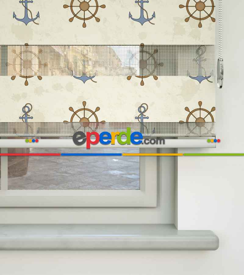 Dümen Ve Çapa Baskılı Zebra Perde- Mavi-kahve Açık-kahve