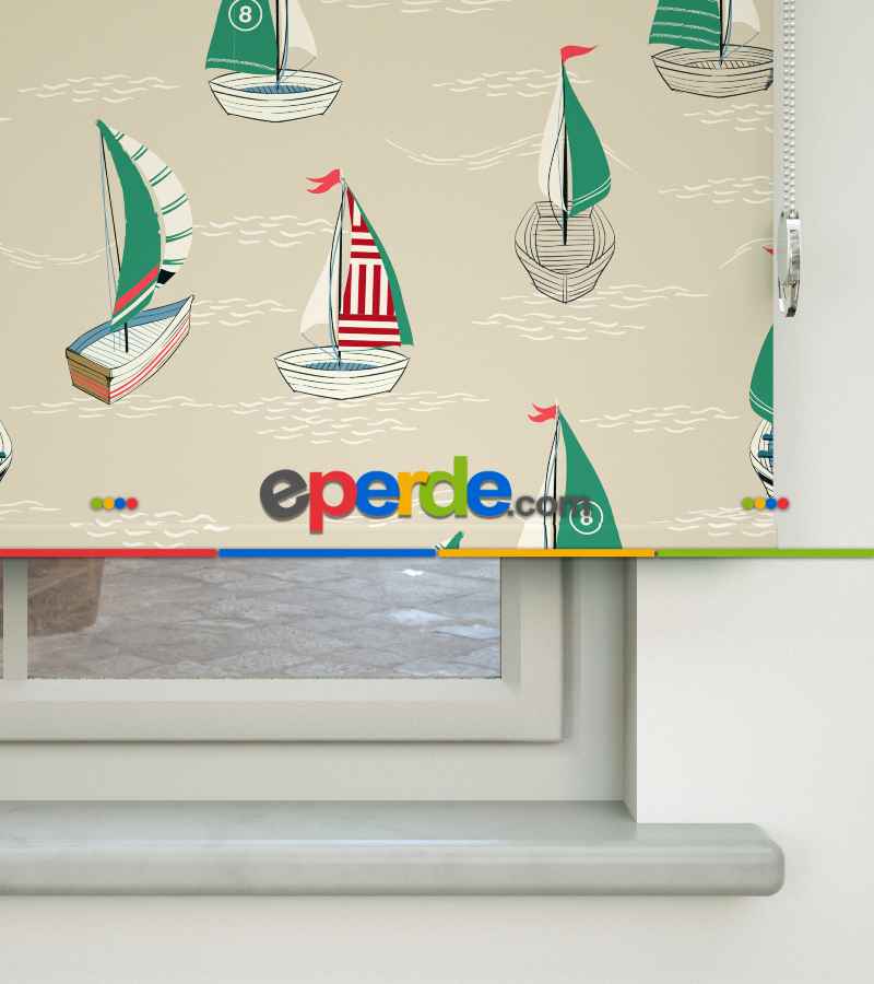 Genç Odası - Denizci Desenli Baskılı Stor Perde- Yeşil-kırmızı-çok Renkli