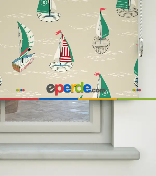 Denizci Desenli Baskılı Stor Perde- Yeşil-kırmızı-çok Renkli