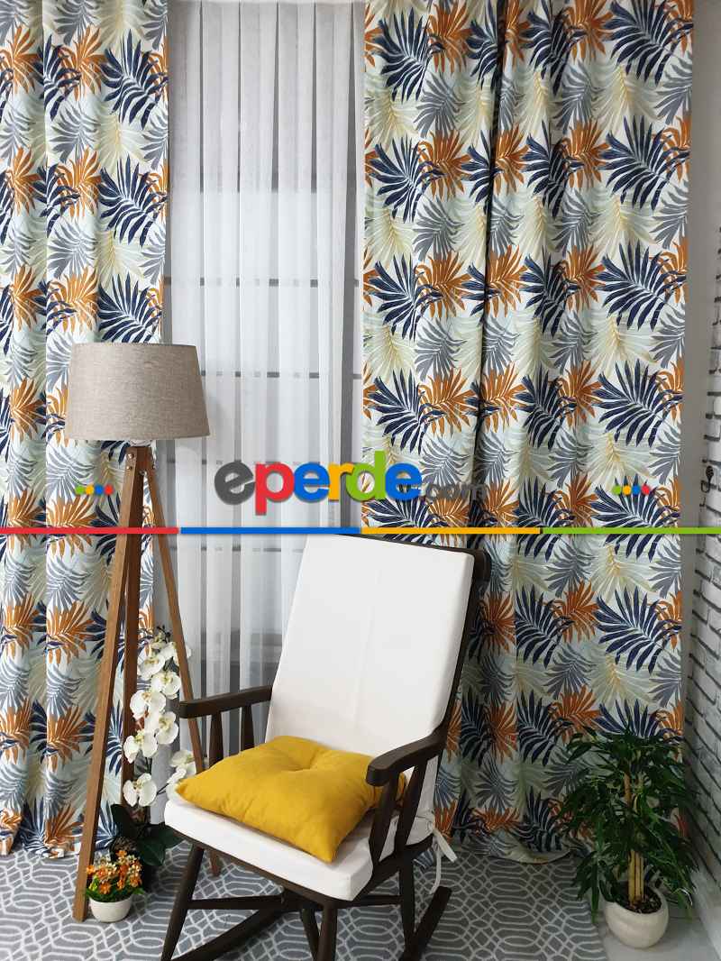 Mutfak Perdesi Kanat Fon Perde Yaprak Desenli- Siyah