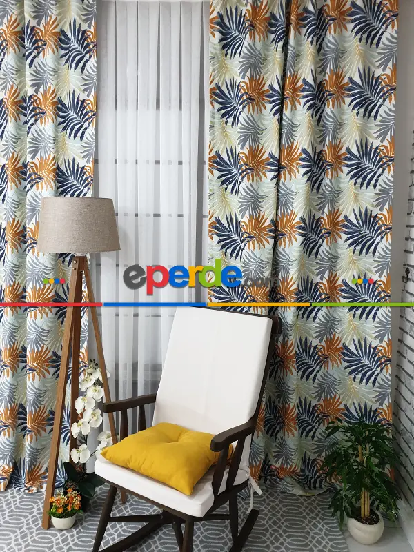 Mutfak Perdesi Kanat Fon Perde Yaprak Desenli- Siyah